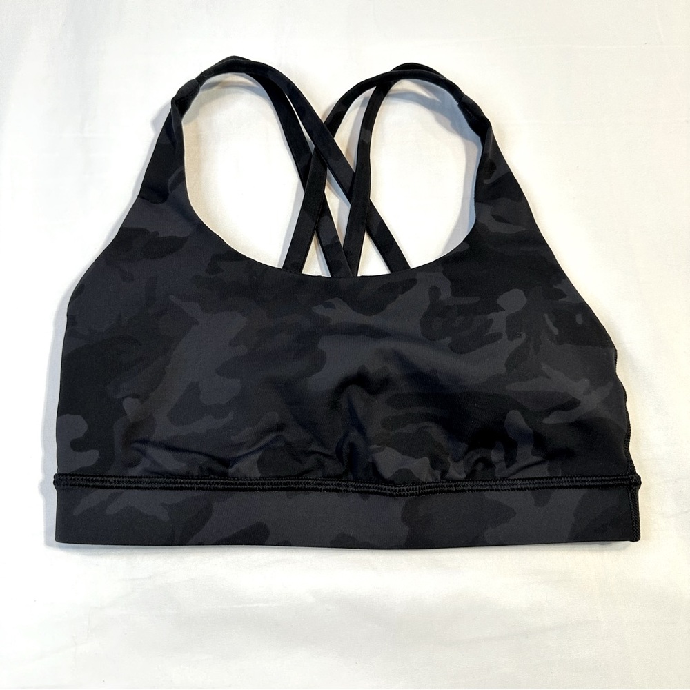 Lululemon Women’s Energy Bra Gray Black Camo Sport Bar Top Run Cross Size 4